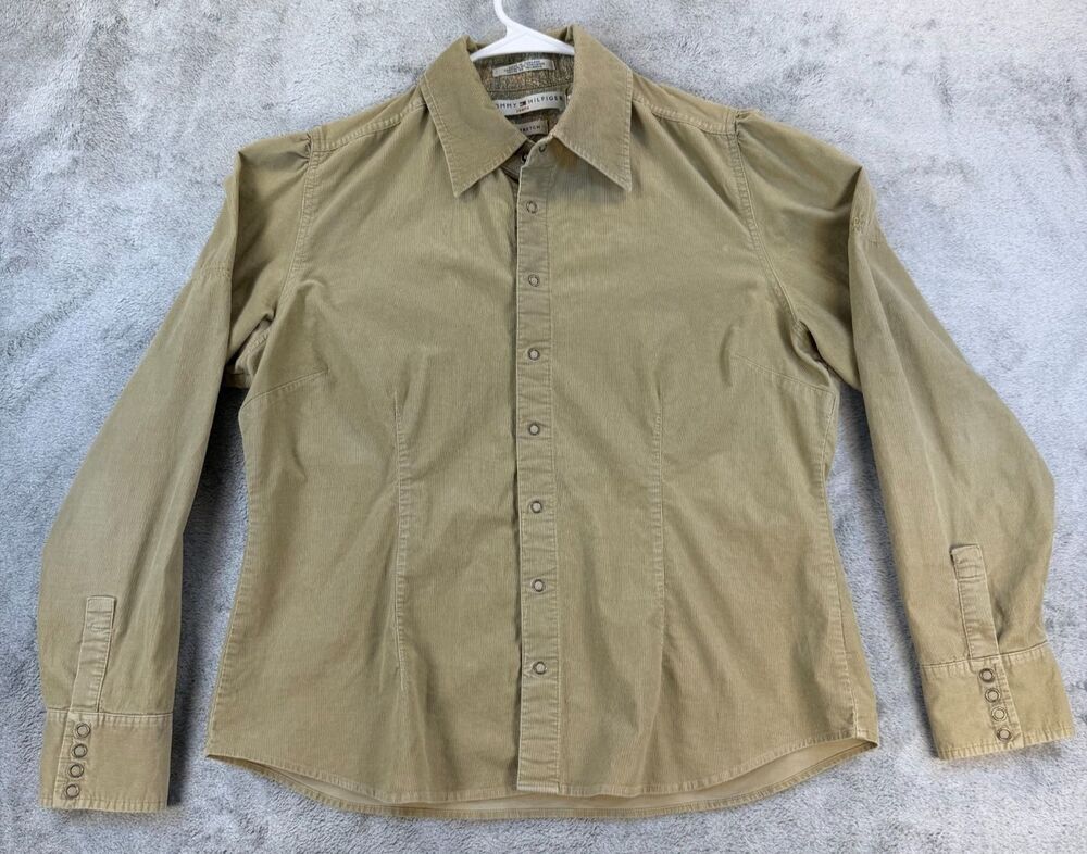 Tommy Hilfiger Jeans Women's Stretch Corduroy Shirt Khaki Y2K Logo XL Vintage